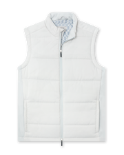 Men's Canyon Vest in Silver, flat lay front view featuring a light grey quilted puffer vest with a geometric print collar interior and zip pockets