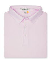 Men’s lilac polo shirt folded showing collar and button placket