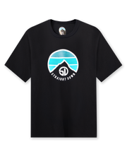 Straight Down Landscape Tee in Black, flat lay front view showing black crew neck body with circular mountain graphic featuring teal and blue horizontal stripe gradient and Straight Down text