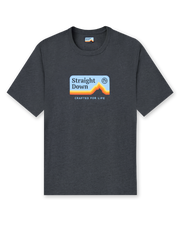 Straight Down Starsky Tee in Charcoal, flat lay front view showing charcoal heather crew neck body with retro mountain graphic featuring blue sky, orange and red layered peaks, Straight Down logo, and Crafted for Life text