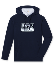 Men's Starsky Hoodie in Navy, flat lay front view featuring a navy pullover hoodie with a rectangular Straight Down "Crafted for Life" mountain graphic in white on the chest