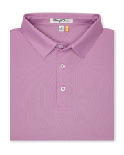 Men’s haze pink/purple polo shirt folded showing collar and button placket
