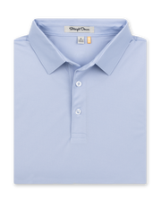 Folded men’s light blue performance polo with classic collar and button placket