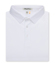 Folded men’s white performance polo with classic collar and button placket