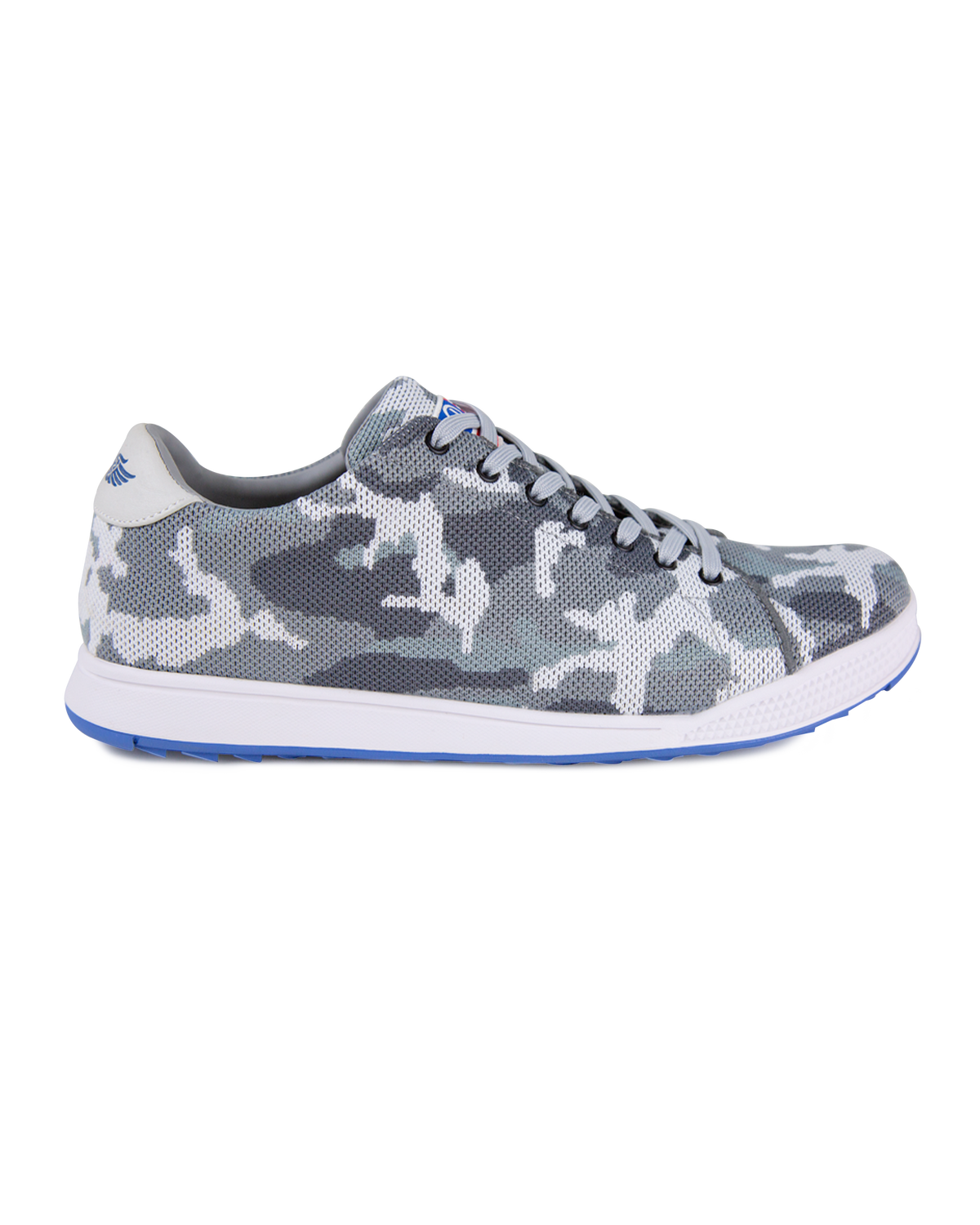 Men's Field V2 Shoe in Camo Carbon, lateral side view featuring a knit mesh upper with a grey and white camouflage pattern, lace-up closure, white midsole, and blue outsole with Straight Down logo heel tab