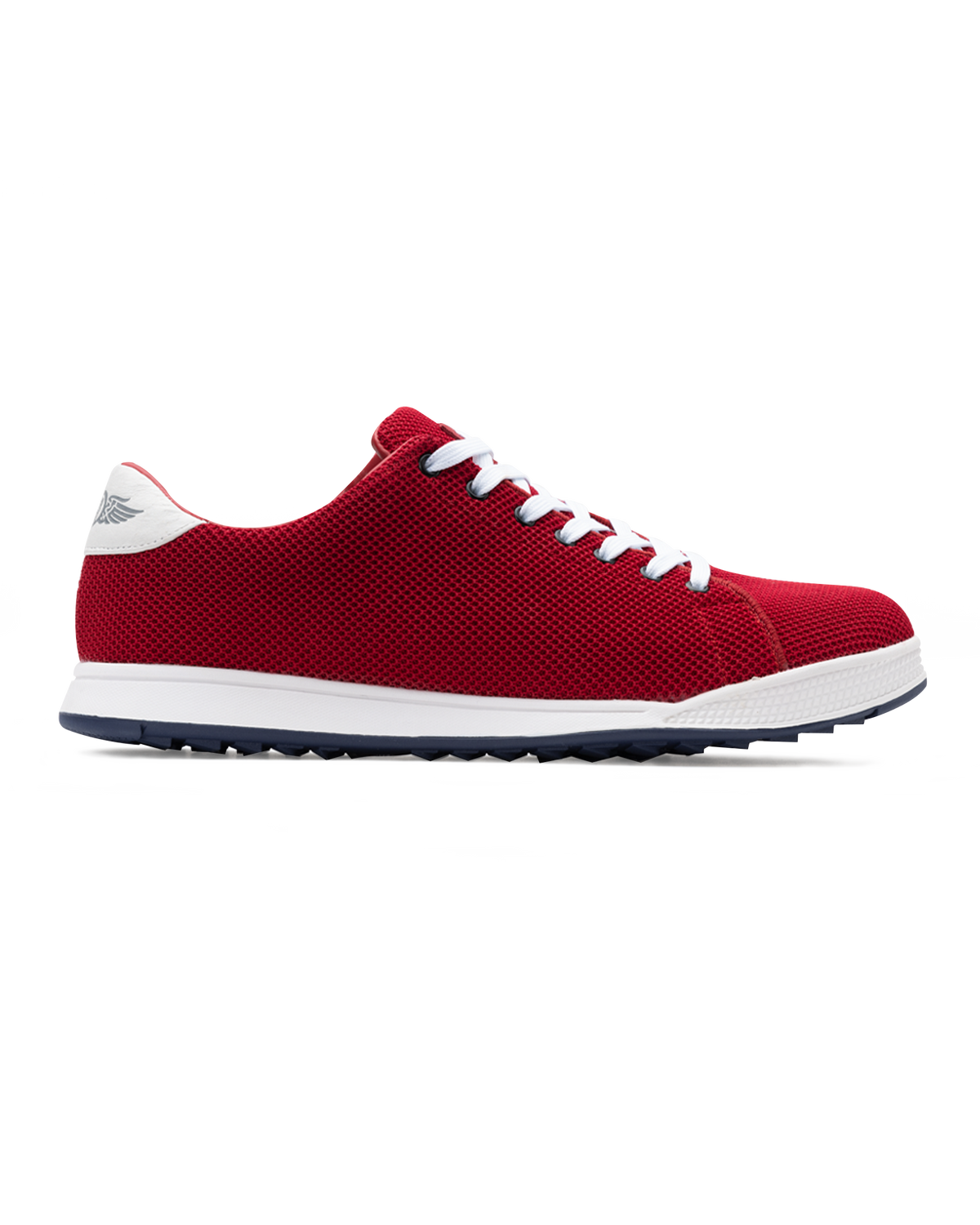 Men's Field V2 Shoe in Red, lateral side view featuring a solid red knit mesh upper, white lace-up closure, white midsole, and navy outsole with Straight Down logo heel tab