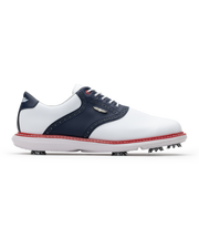 Men's Victory Classic Shoe in Red White Blue, side view featuring a white leather upper with a navy saddle overlay, brogue perforated detailing, metal SD wing logo, white laces, a red midsole welt, and a white outsole with cleats