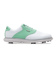 Men's Victory Classic Shoe in White Mojito, side view featuring a white leather upper with a mint green saddle overlay, brogue perforated detailing, metal SD wing logo, white laces, and a white outsole with cleats
