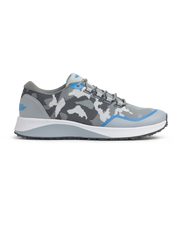 Straight Down Mojave Shoe in Camo Carbon, side view featuring a grey camo knit upper with blue accents, grey laces, and a white and grey sole