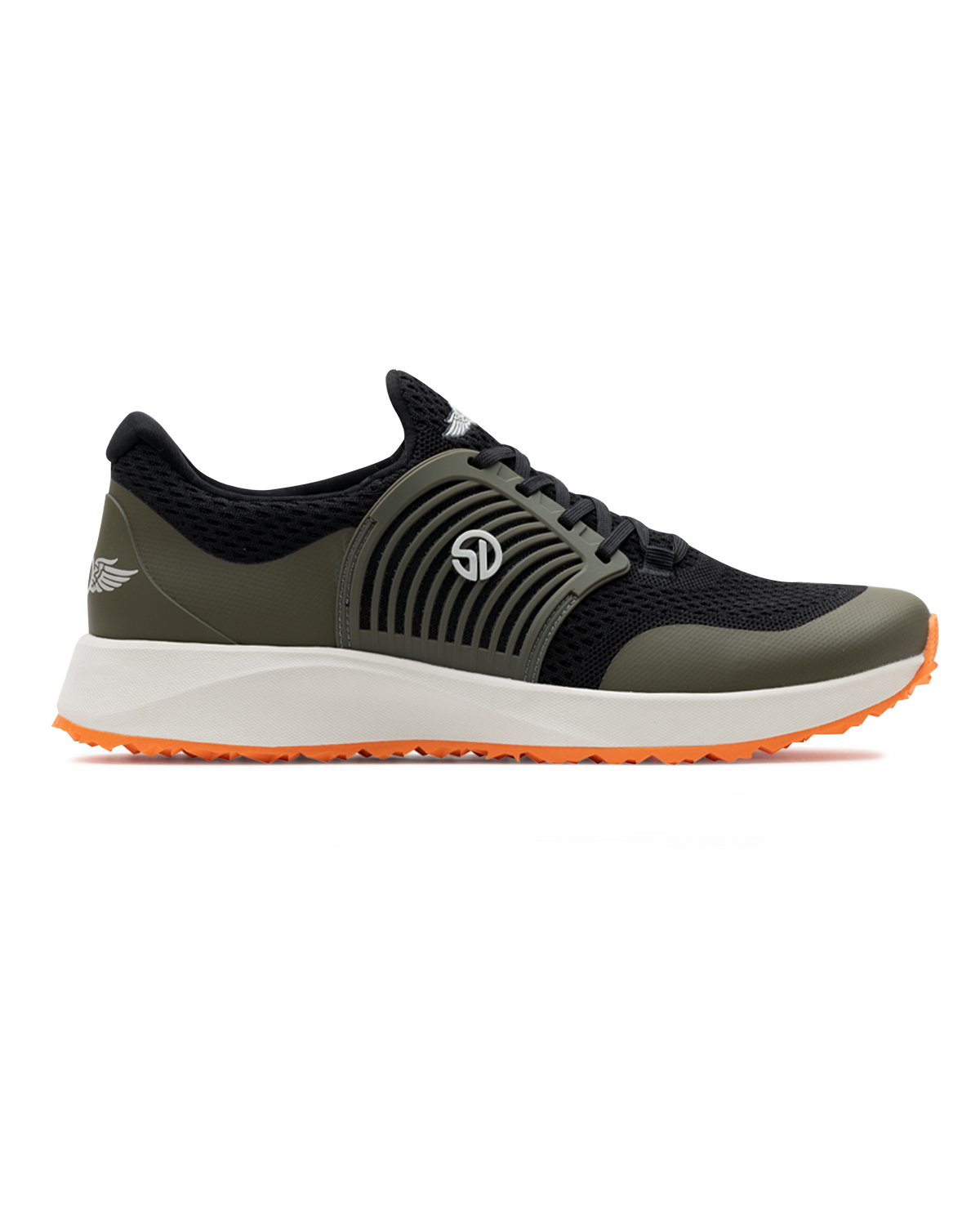 Men's Moonlight Shoe in Olive, side view featuring a black and olive knit upper with olive ribbed midfoot cage, Straight Down logo, white midsole, and orange outsole