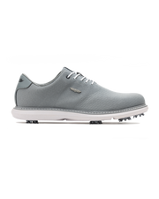 Straight Down Club Golf Shoe in Carbon, side view showing grey knit upper with white laces, silver Straight Down logo, grey heel collar, and white spiked outsole