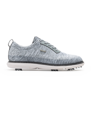Men's Challenger Shoe in Carbon, side profile view featuring a heathered gray knit upper with gray laces, a silver wing logo badge, gray leather trim, a black welt stitch detail, white midsole, and spiked outsole