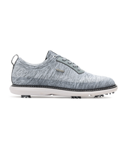 Men's Challenger Shoe in Carbon, side profile view featuring a heathered gray knit upper with gray laces, a silver wing logo badge, gray leather trim, a black welt stitch detail, white midsole, and spiked outsole