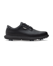Derby Golf Shoe in Black, side view featuring a black leather lace-up golf shoe with tonal stitching, Straight Down logo badge, and spiked outsole