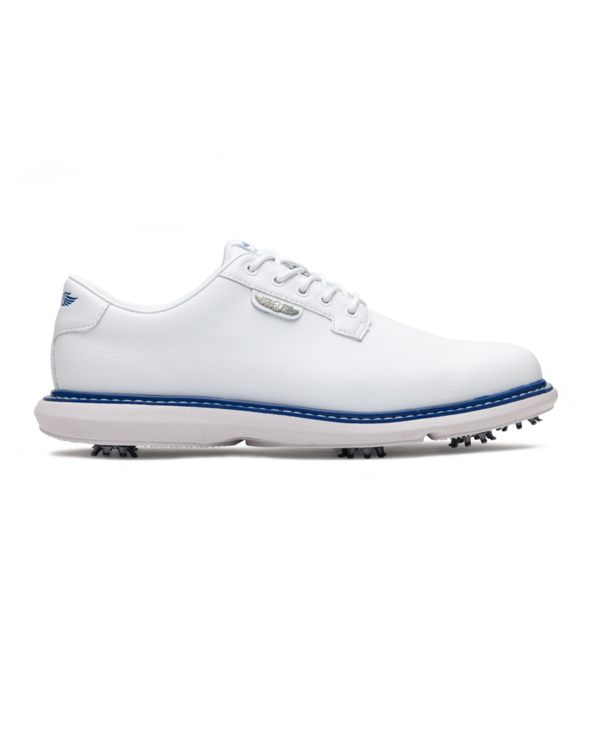 Derby Golf Shoe in White, side view featuring a white leather lace-up golf shoe with contrast navy midsole stitching, Straight Down logo badge, and spiked outsole