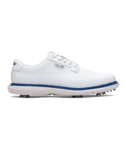 Derby Golf Shoe in White, side view featuring a white leather lace-up golf shoe with contrast navy midsole stitching, Straight Down logo badge, and spiked outsole