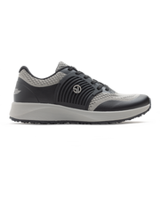 Men's Moonlight V2 Shoe in Black, side profile view featuring a light grey knit upper with charcoal overlays, silver Straight Down logo medallion, and a white midsole