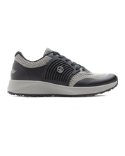 Men's Moonlight V2 Shoe in Black, side profile view featuring a light grey knit upper with charcoal overlays, silver Straight Down logo medallion, and a white midsole