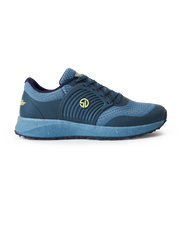 Men's Moonlight V2 Shoe in Deep Sea, side profile view featuring a steel blue knit upper with teal overlays, chartreuse Straight Down logo medallion, and a speckled midsole