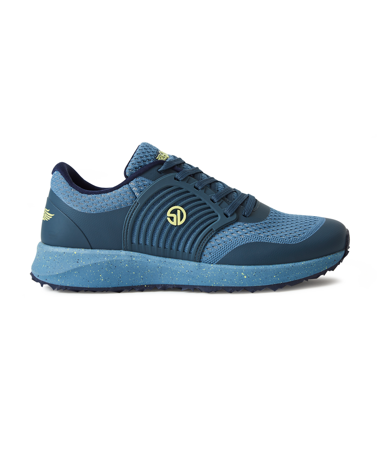 Men's Moonlight V2 Shoe in Deep Sea, side profile view featuring a steel blue knit upper with teal overlays, chartreuse Straight Down logo medallion, and a speckled midsole