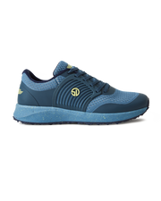 Men's Moonlight V2 Shoe in Deep Sea, side profile view featuring a steel blue knit upper with teal overlays, chartreuse Straight Down logo medallion, and a speckled midsole