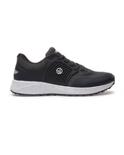 Men's Moonlight V2 Shoe in Granite, lateral side view featuring a black and charcoal knit upper with a molded rubber overlay, Straight Down logo badge, dark laces, a speckled white midsole, and a black textured outsole