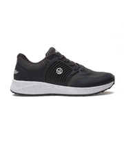 Men's Moonlight V2 Shoe in Granite, lateral side view featuring a black and charcoal knit upper with a molded rubber overlay, Straight Down logo badge, dark laces, a speckled white midsole, and a black textured outsole