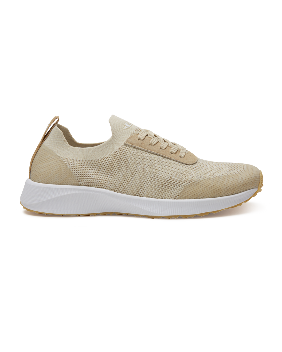 Straight Down Weekender Golf Shoe in Cashew, lateral side profile view featuring cream and tan knit upper, tan suede lace overlay, tan laces, white midsole, and gum traction outsole