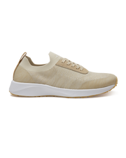Straight Down Weekender Golf Shoe in Cashew, lateral side profile view featuring cream and tan knit upper, tan suede lace overlay, tan laces, white midsole, and gum traction outsole