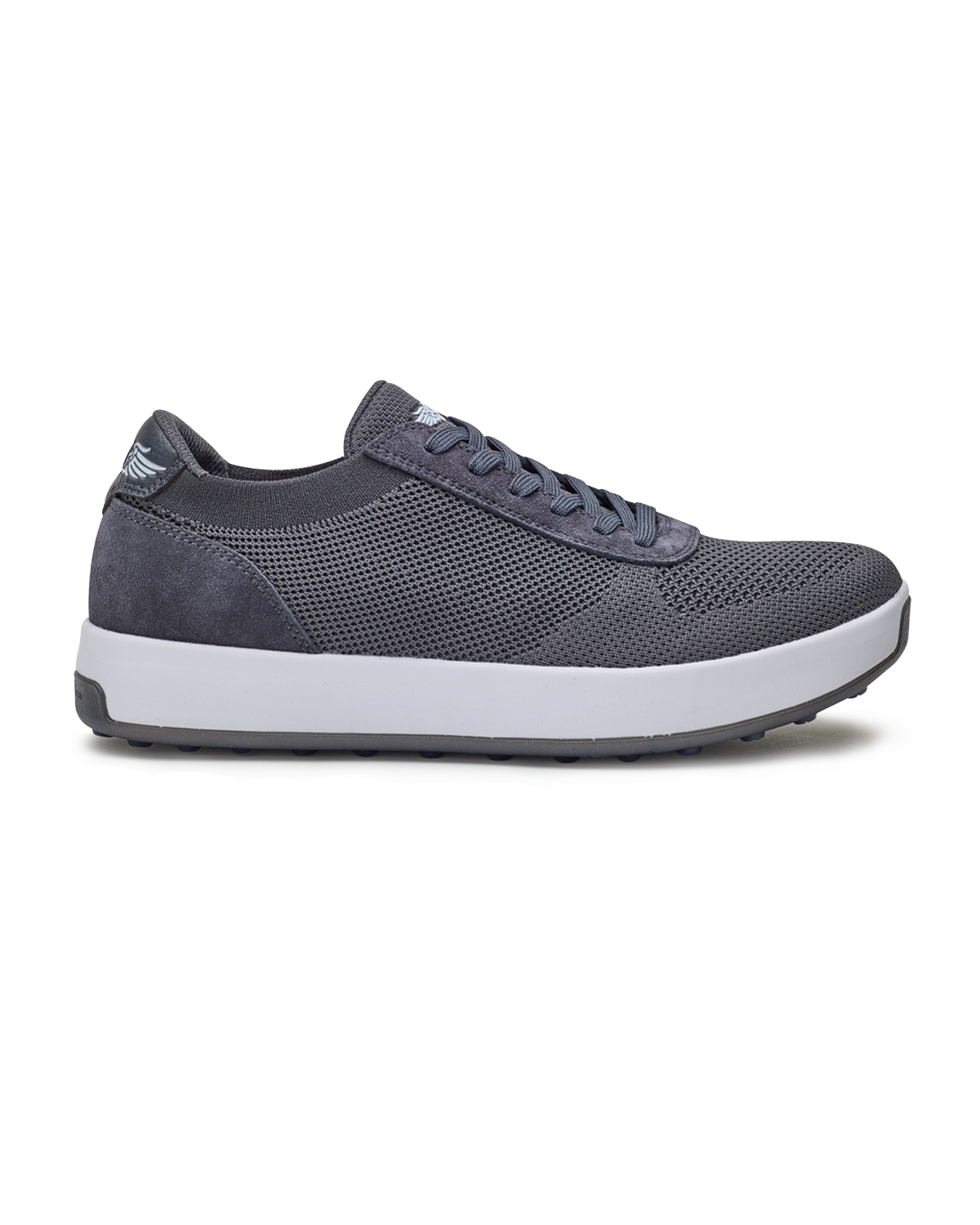 Men's Rally Shoe in Granite, side view featuring a grey knit upper with suede overlays, Straight Down logo, white midsole, and grey outsole