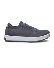 Men's Rally Shoe in Granite, side view featuring a grey knit upper with suede overlays, Straight Down logo, white midsole, and grey outsole