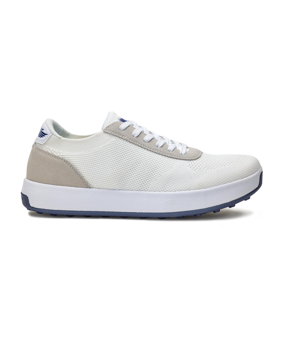 Men's Rally Shoe in White, side view featuring a white knit upper with light grey suede overlays, Straight Down logo, white midsole, and navy outsole