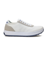 Men's Rally Shoe in White, side view featuring a white knit upper with light grey suede overlays, Straight Down logo, white midsole, and navy outsole