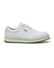 Straight Down Bourbon Hybrid Golf Shoe in White Verde, lateral side profile view featuring white pebbled leather upper, green heel counter, yellow lace eyelet accent, silver Straight Down wing logo badge, white laces, white midsole with yellow and green stripe accents, and green traction outsole