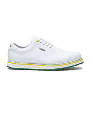 Straight Down Bourbon Hybrid Golf Shoe in White Verde, lateral side profile view featuring white pebbled leather upper, green heel counter, yellow lace eyelet accent, silver Straight Down wing logo badge, white laces, white midsole with yellow and green stripe accents, and green traction outsole