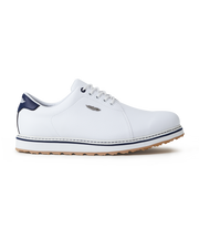 Straight Down Bourbon Hybrid Golf Shoe in White, lateral side profile view featuring white pebbled leather upper, navy heel counter, navy lace eyelet accents, silver Straight Down wing logo badge, white laces, white midsole with navy stripe accent, and gum traction outsole