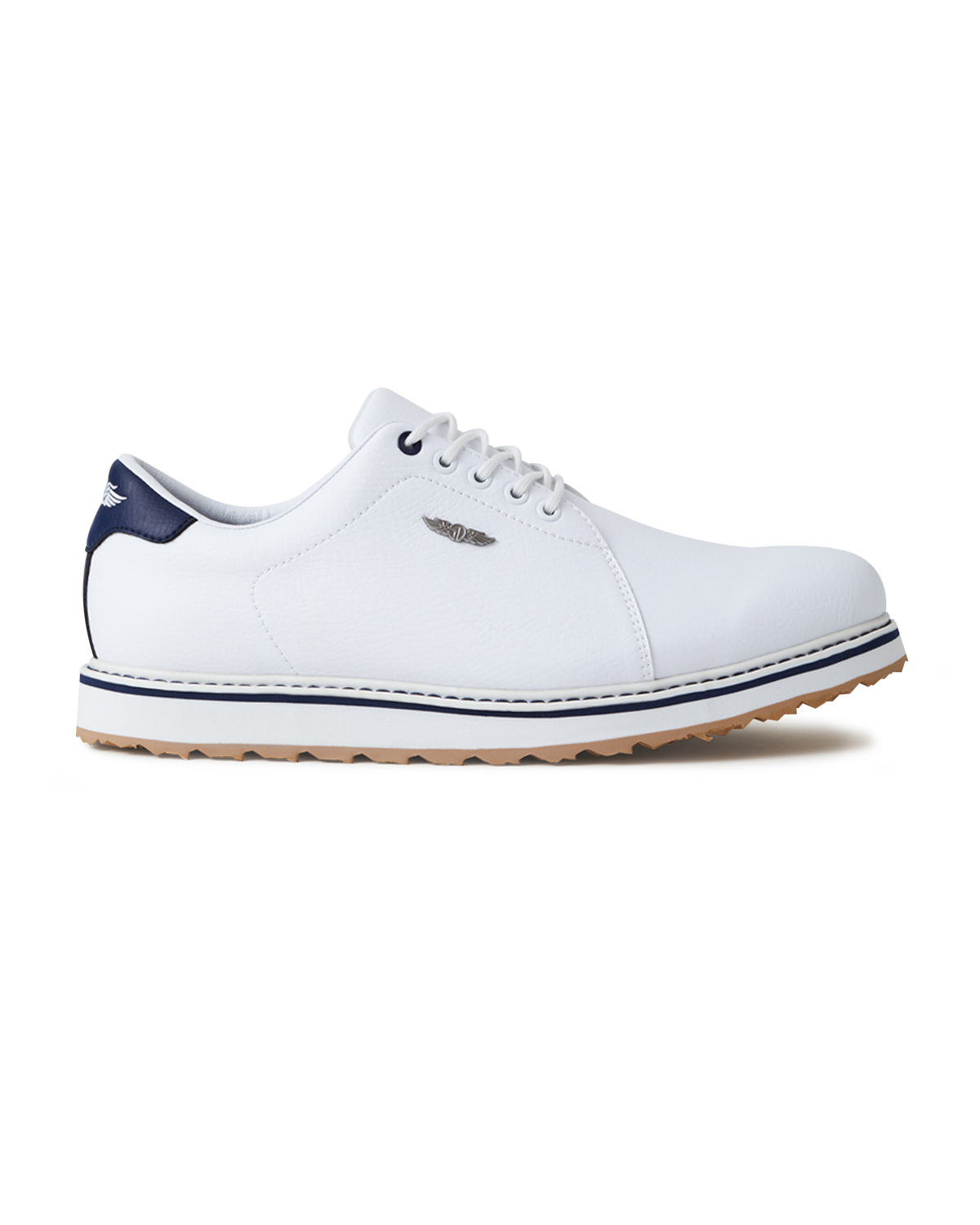 Straight Down Bourbon Hybrid Golf Shoe in White, lateral side profile view featuring white pebbled leather upper, navy heel counter, navy lace eyelet accents, silver Straight Down wing logo badge, white laces, white midsole with navy stripe accent, and gum traction outsole