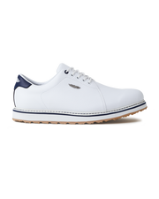 Straight Down Bourbon Hybrid Golf Shoe in White, lateral side profile view featuring white pebbled leather upper, navy heel counter, navy lace eyelet accents, silver Straight Down wing logo badge, white laces, white midsole with navy stripe accent, and gum traction outsole