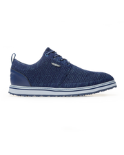 Straight Down Harbour Knit Hybrid Golf Shoe in New Indigo, lateral side profile view featuring navy knit upper, silver Straight Down wing logo badge, navy laces, white midsole with navy stripe accent, and navy traction outsole