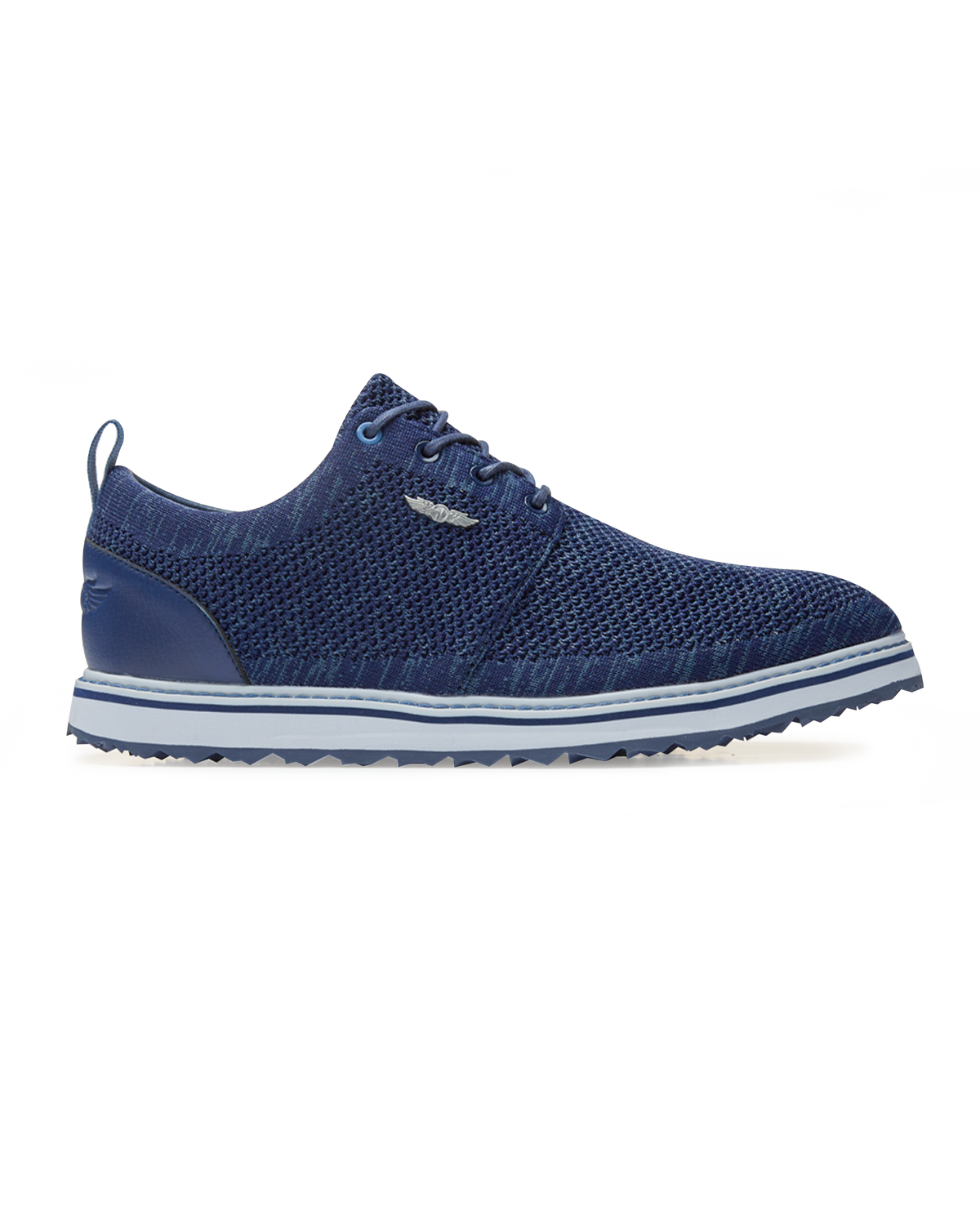 Straight Down Harbour Knit Hybrid Golf Shoe in New Indigo, lateral side profile view featuring navy knit upper, silver Straight Down wing logo badge, navy laces, white midsole with navy stripe accent, and navy traction outsole