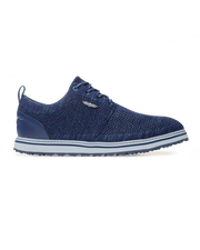 Straight Down Harbour Knit Hybrid Golf Shoe in New Indigo, lateral side profile view featuring navy knit upper, silver Straight Down wing logo badge, navy laces, white midsole with navy stripe accent, and navy traction outsole