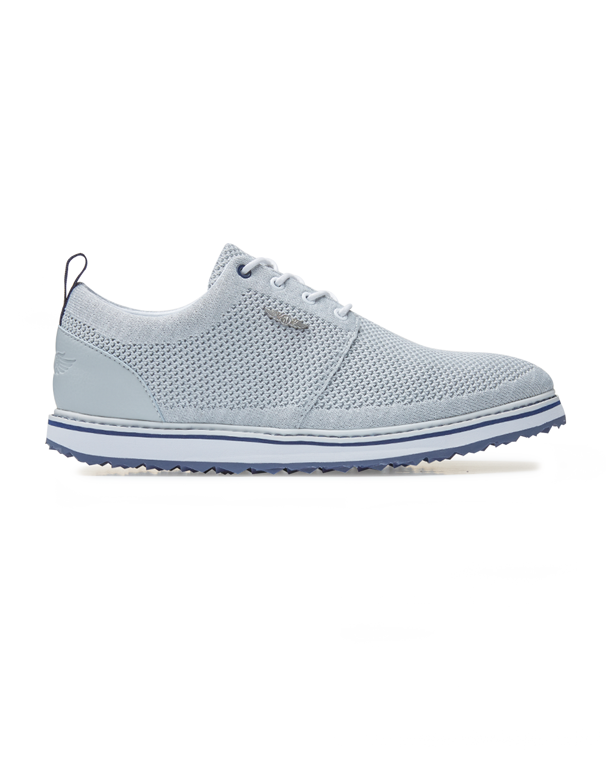 Straight Down Harbour Knit Hybrid Golf Shoe in Silver, lateral side profile view featuring light gray knit upper, silver Straight Down wing logo badge, white laces, white midsole with navy stripe accent, and navy traction outsole