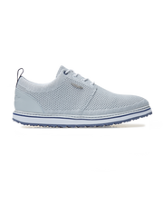 Straight Down Harbour Knit Hybrid Golf Shoe in Silver, lateral side profile view featuring light gray knit upper, silver Straight Down wing logo badge, white laces, white midsole with navy stripe accent, and navy traction outsole