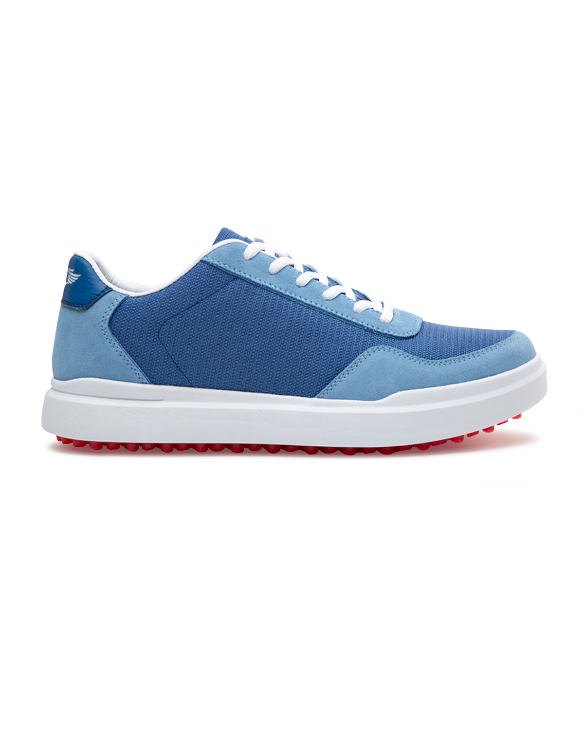 Boardwalk Sneaker in Federal, side view featuring a two-tone blue mesh and suede shoe with white laces, white midsole, and red outsole with Straight Down logo on the heel