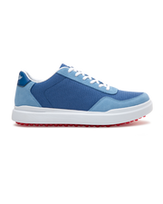 Boardwalk Sneaker in Federal, side view featuring a two-tone blue mesh and suede shoe with white laces, white midsole, and red outsole with Straight Down logo on the heel