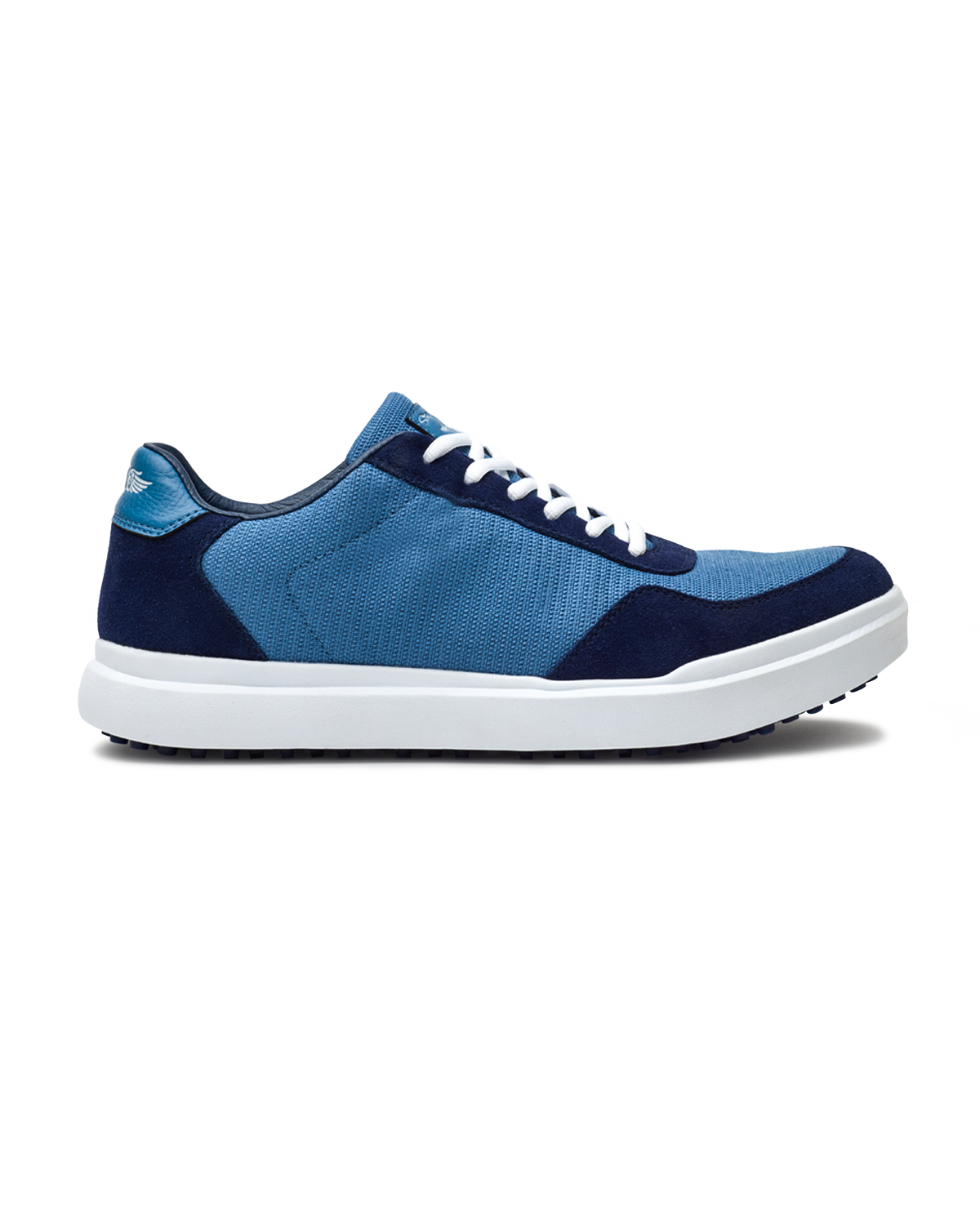 Boardwalk Sneaker in Petrol, side view featuring a two-tone navy and light blue mesh and suede shoe with white laces, white midsole, and Straight Down logo on the heel