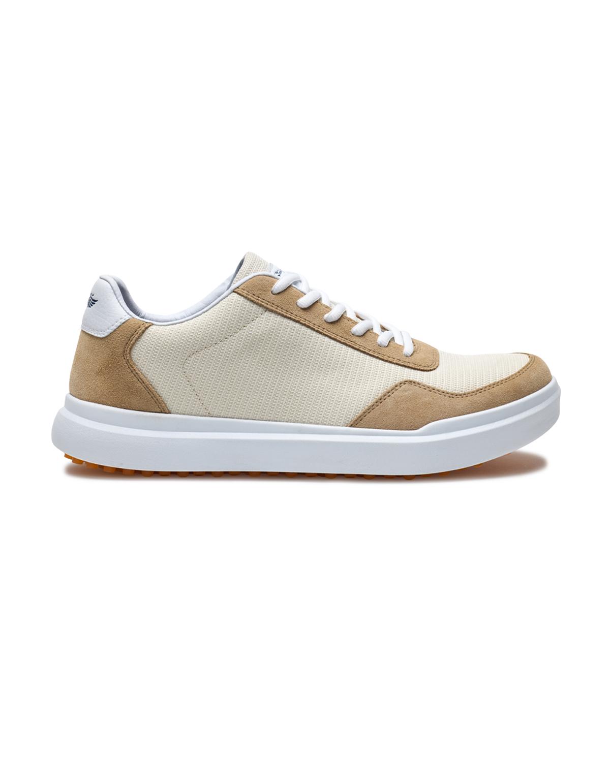 Boardwalk Sneaker in Stone, side view featuring a cream and tan mesh and suede shoe with white laces, white midsole, and gum outsole with Straight Down logo on the heel