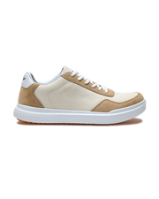 Boardwalk Sneaker in Stone, side view featuring a cream and tan mesh and suede shoe with white laces, white midsole, and gum outsole with Straight Down logo on the heel
