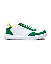 Boardwalk Sneaker in Verde, side view featuring a white leather and green suede shoe with white laces, yellow collar accent, white midsole, and Straight Down logo on the heel