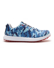Straight Down Defender Golf Shoe in Camo Ocean, lateral side profile view featuring blue tonal camouflage print upper, red lace hardware accents, white laces, white midsole, and red traction outsole with Straight Down wordmark on side